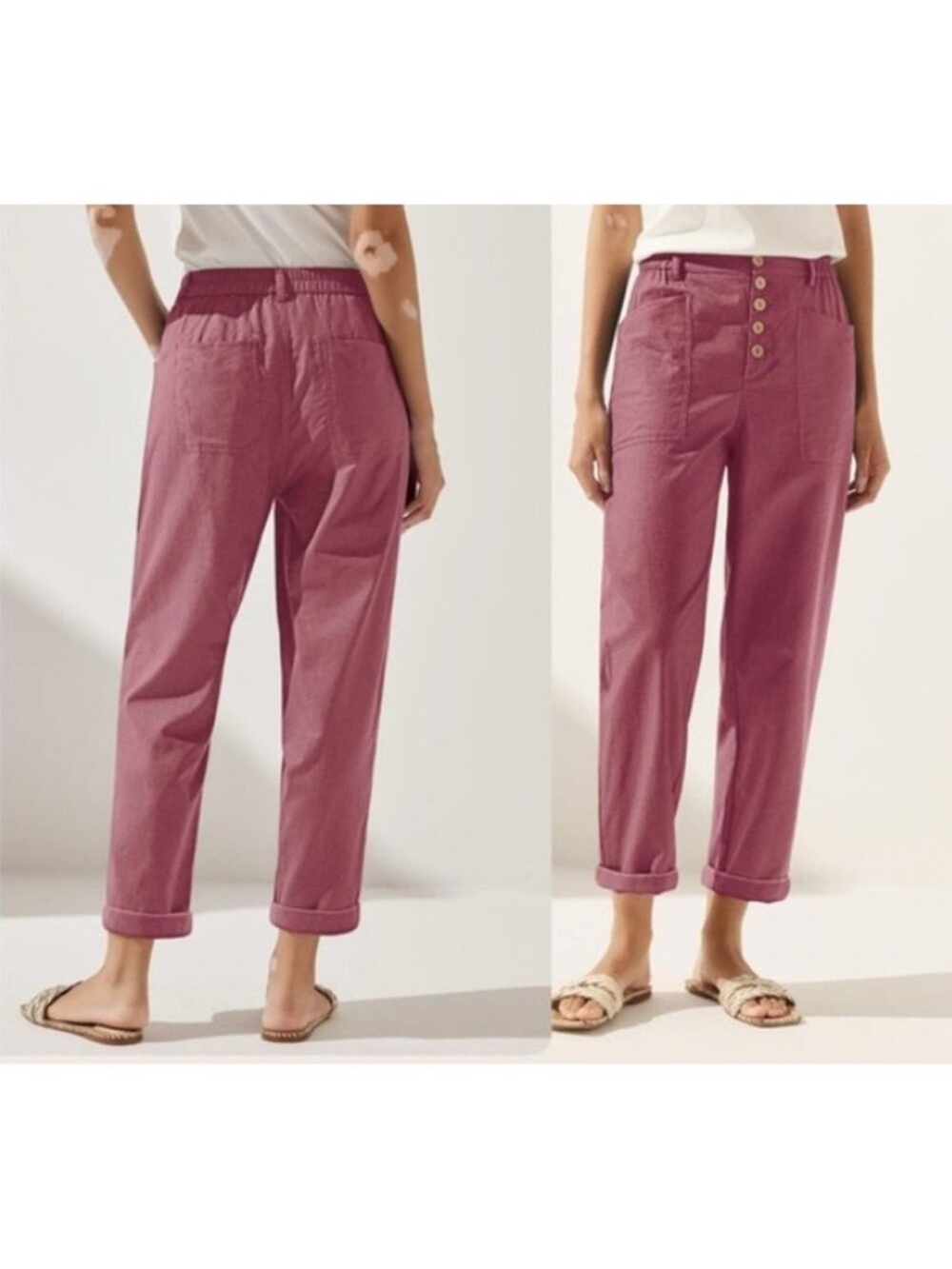 NWT Lintico Linen Simple Button Fly Trousers HEIDI Pink Casual Summer Pastel XL